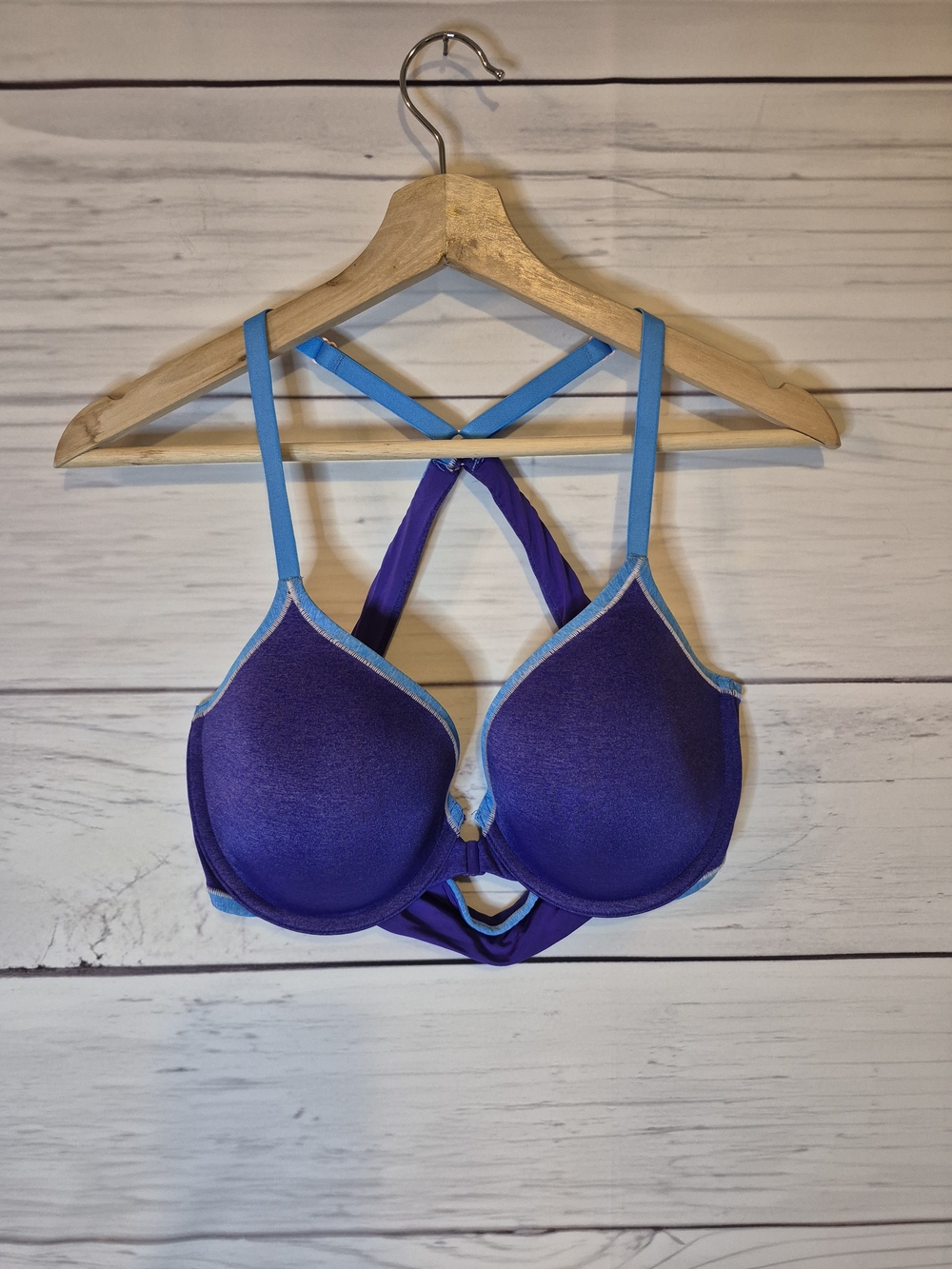 Victoria's Secret Purple Semi Demi Bra Blue Trim Racerback Front Clasp 38C